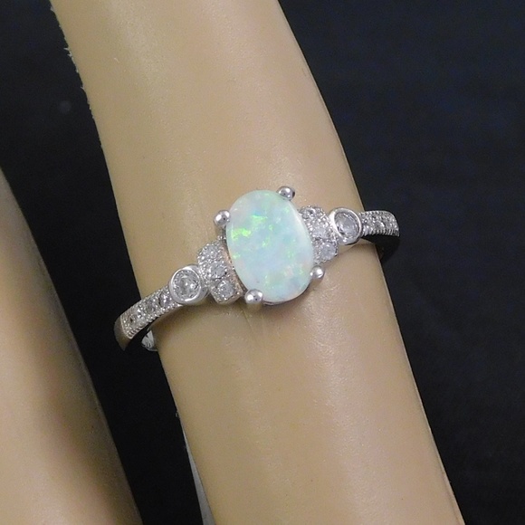 White Opal /& Clear CZ .925 Sterling Silver Ring Sizes 5-10 Blue Sapphire